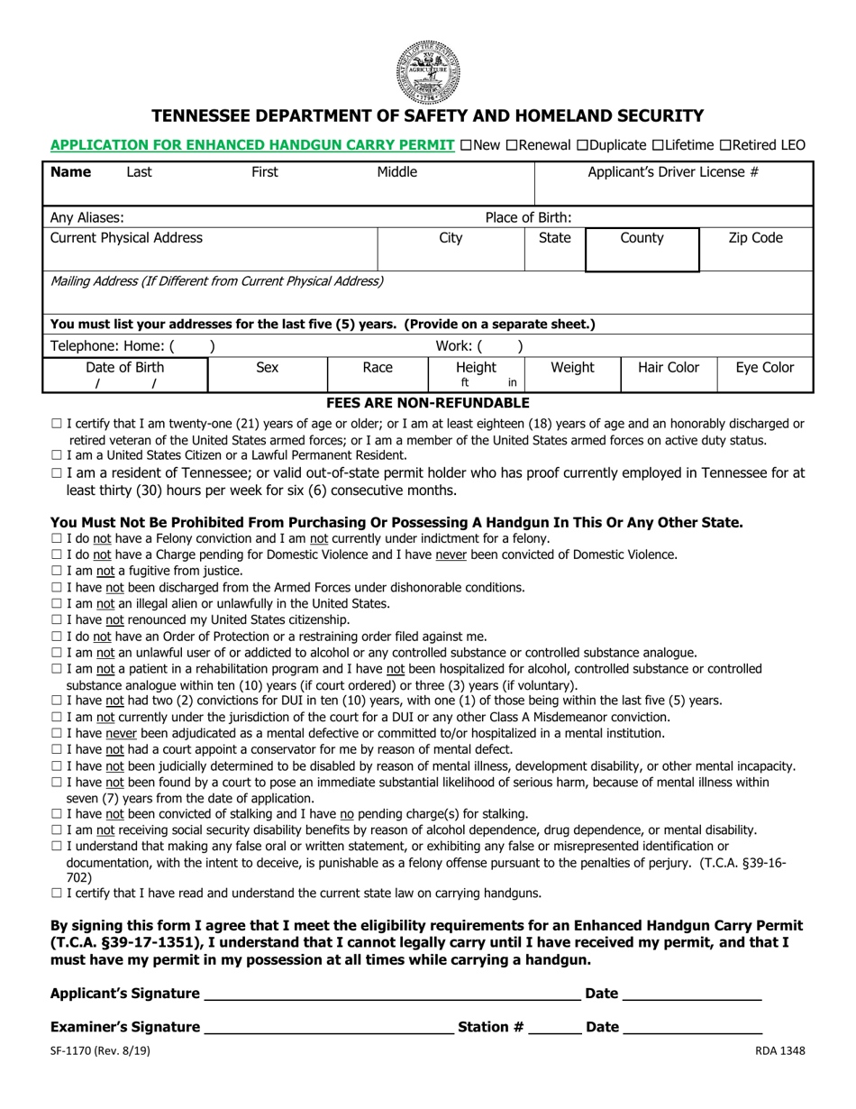Form SF-1170 Application for Enhanced Handgun Carry Permit - Tennessee, Page 1