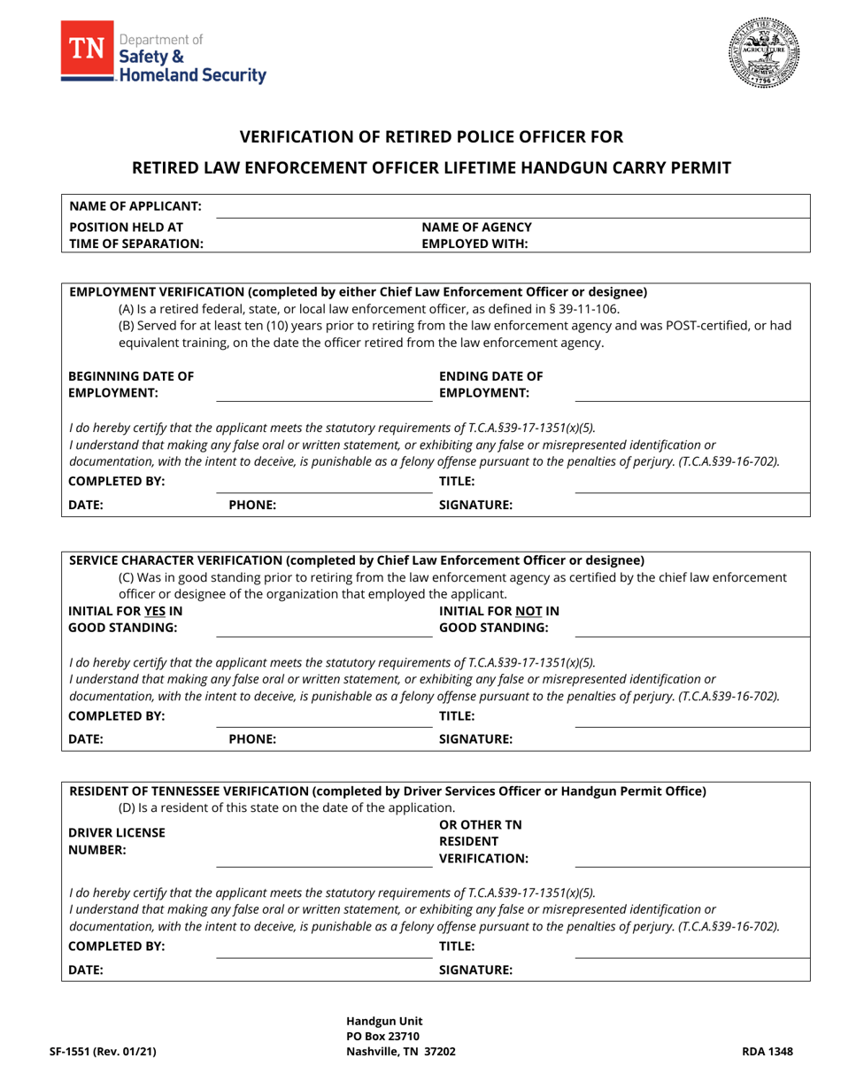 Form SF-1551 Verification of Retired Police Officer for Retired Law Enforcement Officer Lifetime Handgun Carry Permit - Tennessee, Page 1