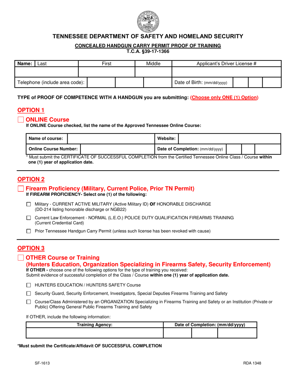Form SF-1613 Concealed Handgun Carry Permit Proof of Training - Tennessee, Page 1