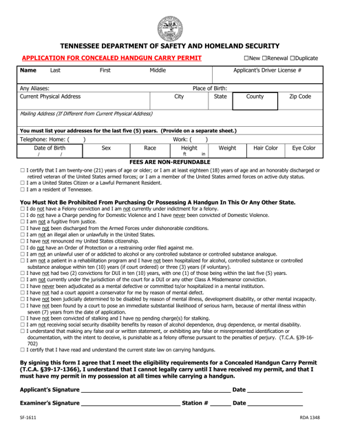 Form SF-1611 Application for Concealed Handgun Carry Permit - Tennessee