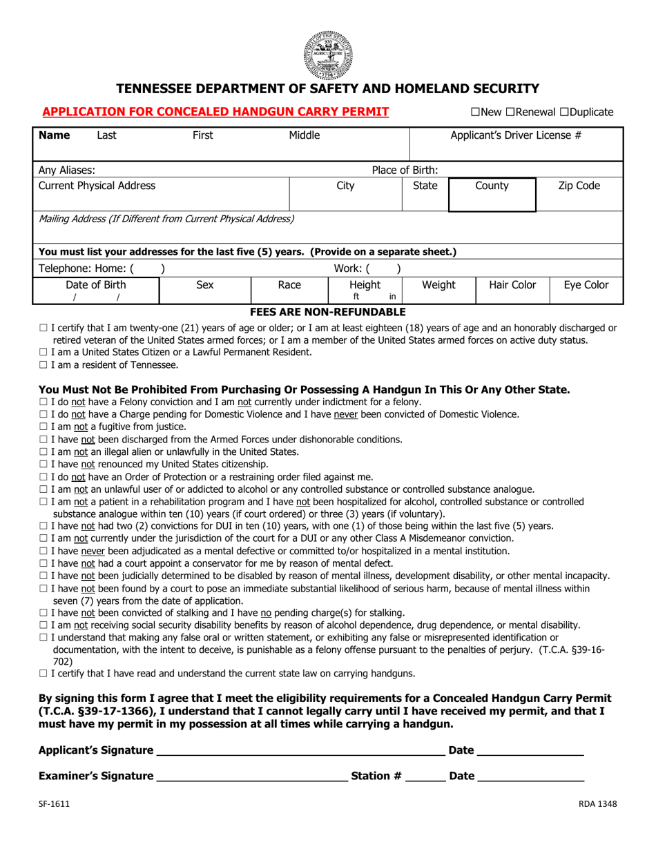 Form SF-1611 Application for Concealed Handgun Carry Permit - Tennessee, Page 1