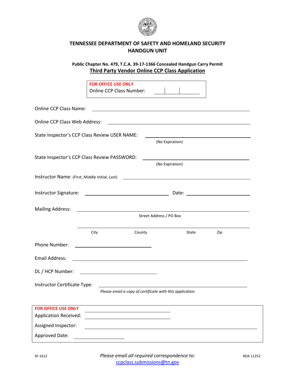 Form SF-1612 Third Party Vendor Online Ccp Class Application - Tennessee, Page 1
