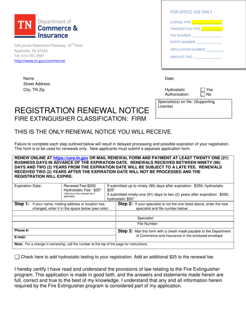 Registration Renewal Notice - Fire Extinguisher Classification: Firm - Tennessee Download Pdf