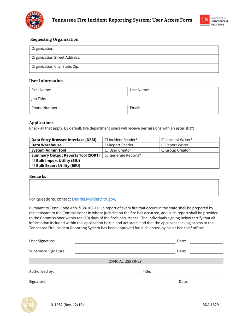 Form IN-1982 Tennessee Fire Incident Reporting System: User Access Form - Tennessee, Page 1