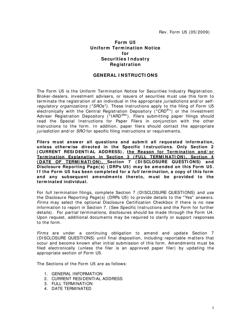 Instructions for Form U5 Uniform Termination Notice for Securities Industry Registration, Page 1
