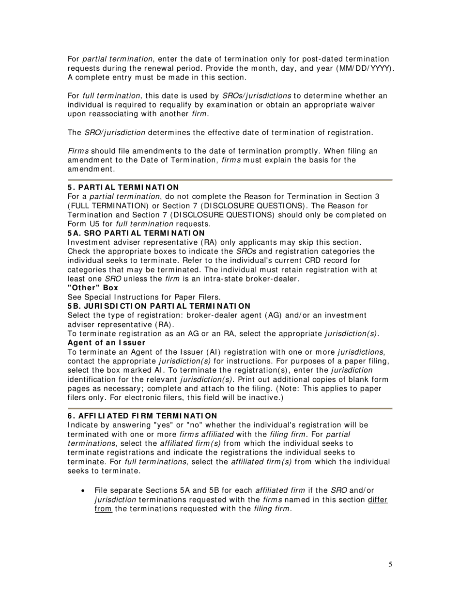 Instructions for Form U5 Uniform Termination Notice for Securities Industry Registration, Page 5