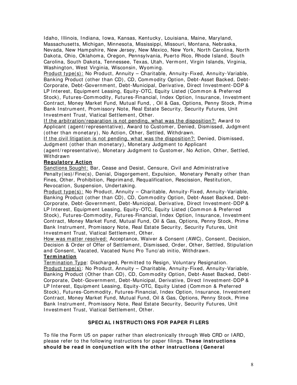 Instructions for Form U5 Uniform Termination Notice for Securities Industry Registration, Page 8