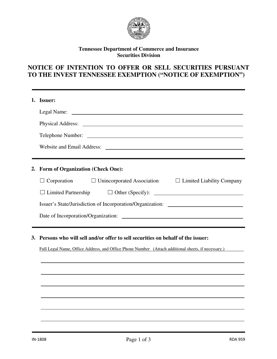 Form IN-1808 Download Printable PDF or Fill Online Notice of Intention ...
