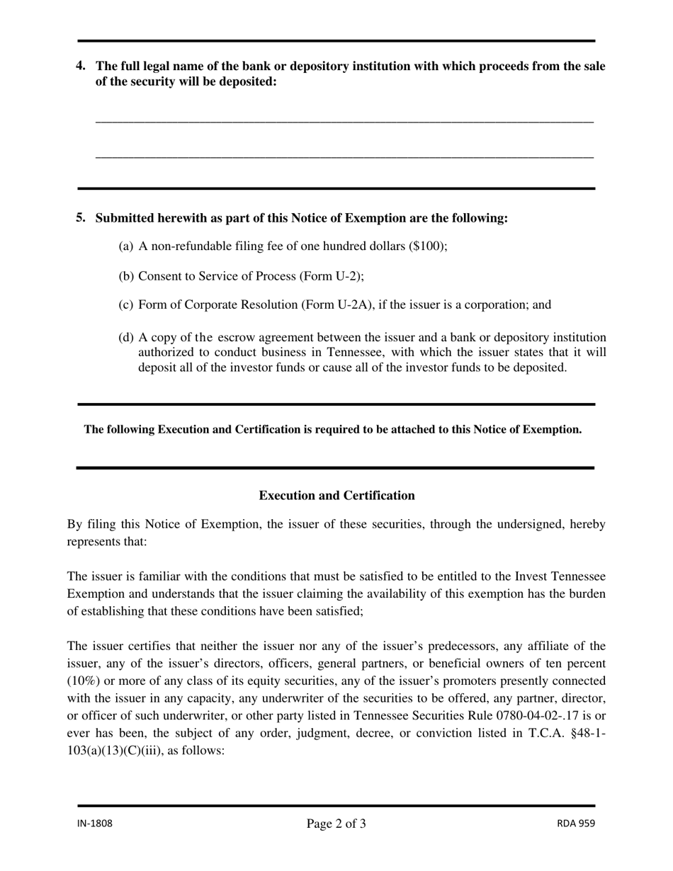 Form IN-1808 Notice of Intention to Offer or Sell Securities Pursuant to the Invest Tennessee Exemption (notice of Exemption) - Tennessee, Page 2