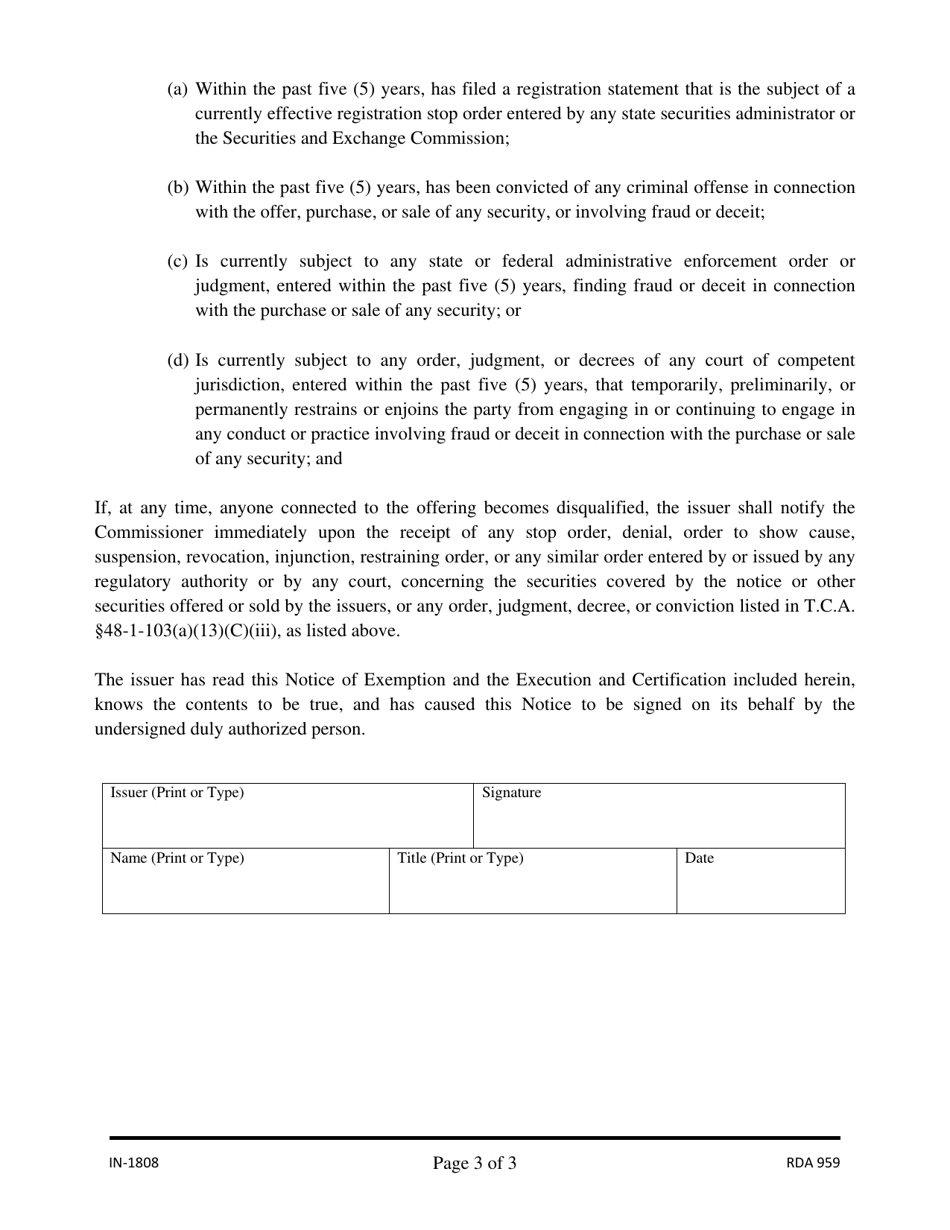 Form IN-1808 Notice of Intention to Offer or Sell Securities Pursuant to the Invest Tennessee Exemption (notice of Exemption) - Tennessee, Page 3
