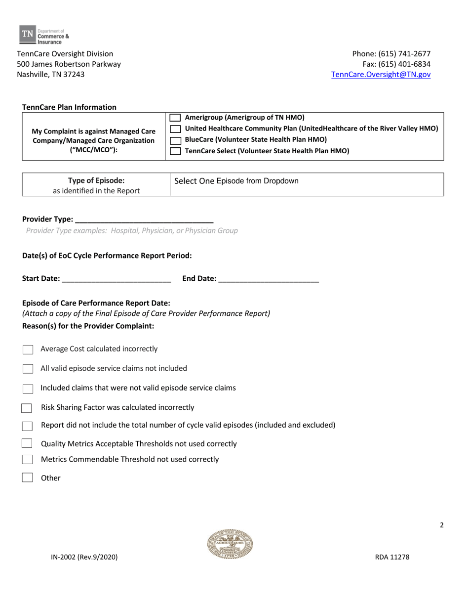 Form IN-2002 Provider Complaint: Tenncare Program Episode of Care Cycle Provider Gain / Risk Share Total Complaint - Tennessee, Page 2