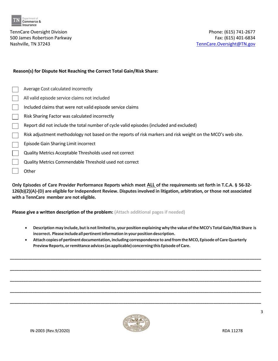 Form IN-2003 Request for Independent Review of Disputed Tenncare Program Episode of Care Cycle Provider Gain / Risk Share Total - Tennessee, Page 3
