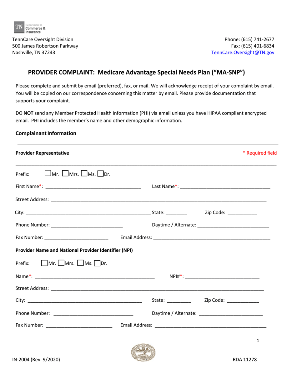 Form IN-2004 Provider Complaint: Medicare Advantage Special Needs Plan (ma-Snp) - Tennessee, Page 1