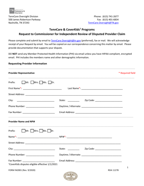 Form IN-2001 Request to Commissioner for Independent Review of Disputed Provider Claim - Tenncare & Coverkids Programs - Tennessee