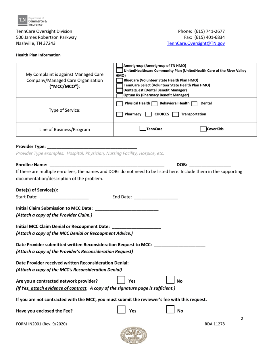 Form IN-2001 Request to Commissioner for Independent Review of Disputed Provider Claim - Tenncare  Coverkids Programs - Tennessee, Page 2