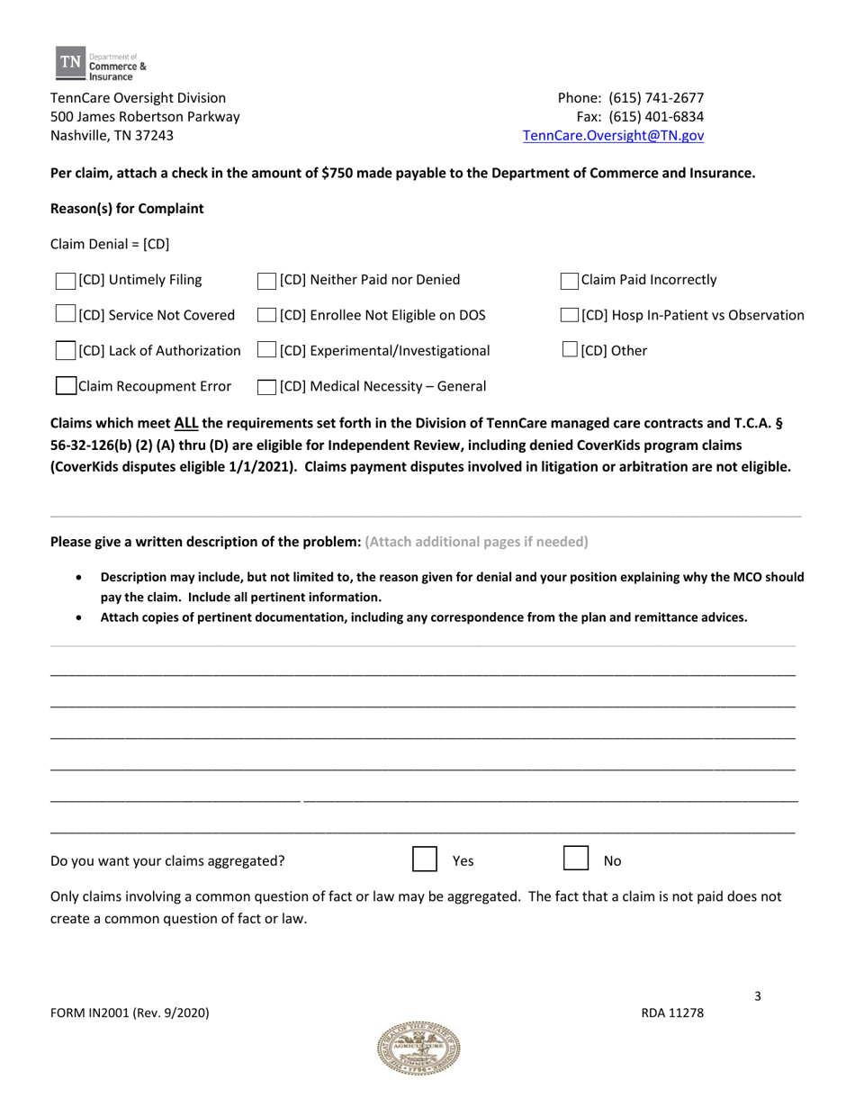 Form IN-2001 Request to Commissioner for Independent Review of Disputed Provider Claim - Tenncare  Coverkids Programs - Tennessee, Page 3