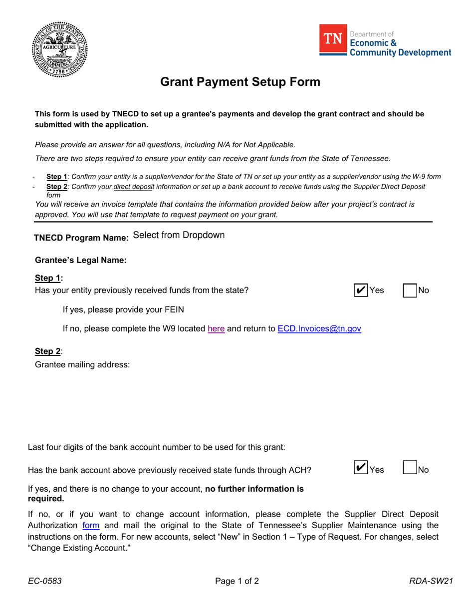 Form EC-0583 Grant Payment Setup Form - Tennessee, Page 1