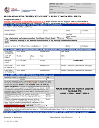 Form VS-301 &quot;Application for Certificate of Birth Resulting in Stillbirth&quot; - Texas