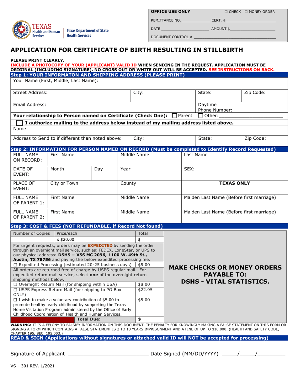Form VS-301 Application for Certificate of Birth Resulting in Stillbirth - Texas, Page 1