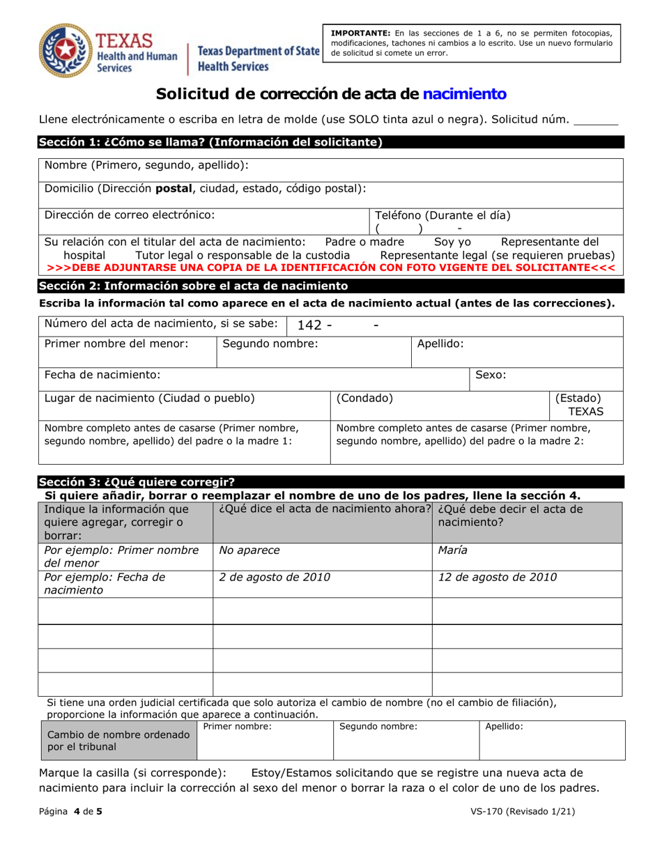 Formulario VS-170 Solicitud De Correccion De Acta De Nacimiento - Texas (Spanish), Page 4