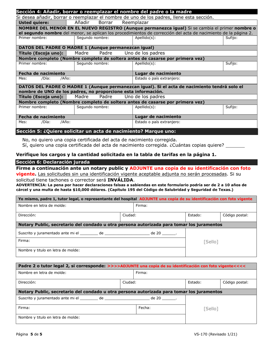 Formulario VS-170 Solicitud De Correccion De Acta De Nacimiento - Texas (Spanish), Page 5