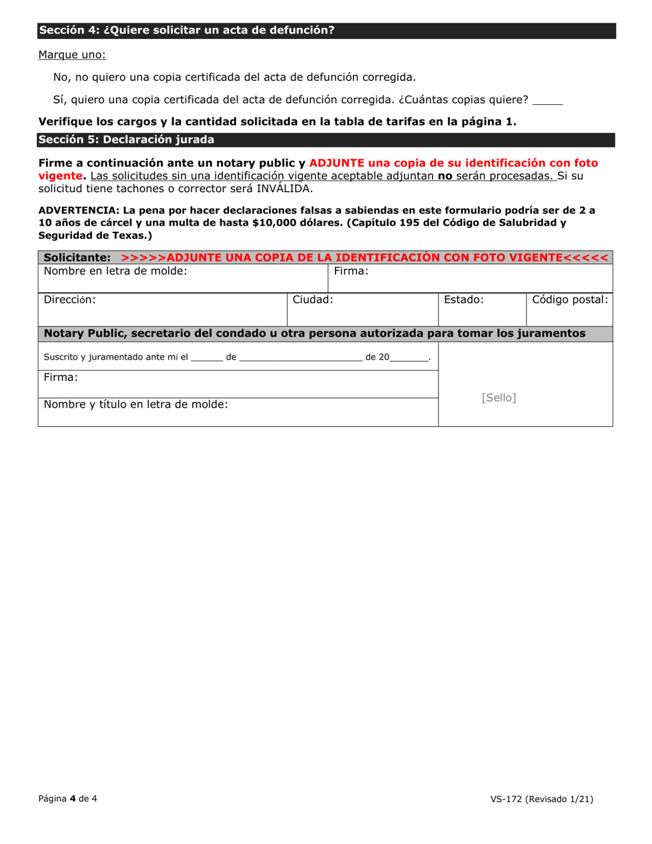 Formulario VS-172 Solicitud De Correccion Al Acta De Defuncion - Texas (Spanish), Page 4