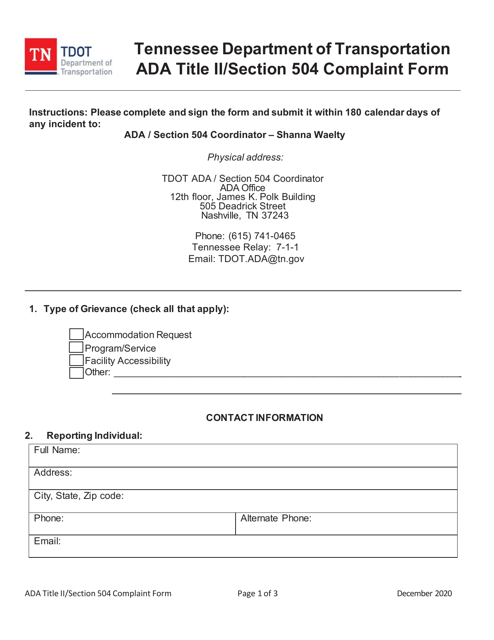 Ada Title II / Section 504 Complaint Form - Tennessee Download Pdf