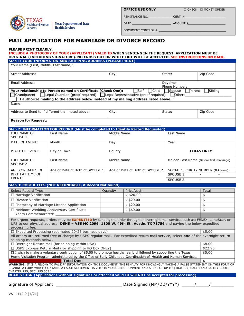 Form VS-142.9 Mail Application for Marriage or Divorce Record - Texas, Page 1