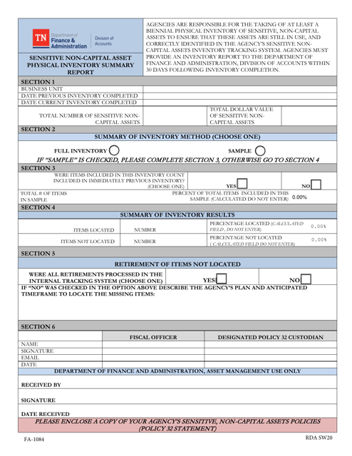 Form FA-1084 Sensitive Non-capital Asset Physical Inventory Summary Report - Tennessee