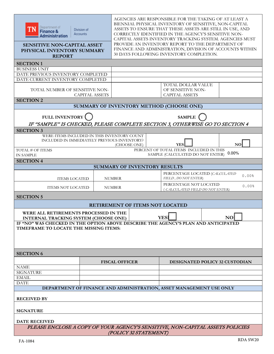 Form FA-1084 Sensitive Non-capital Asset Physical Inventory Summary Report - Tennessee, Page 1