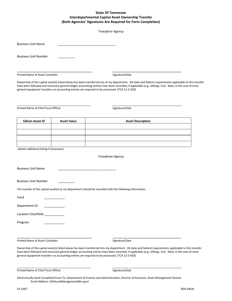 Form FA-1067 Interdepartmental Capital Asset Ownership Transfer - Tennessee, Page 1