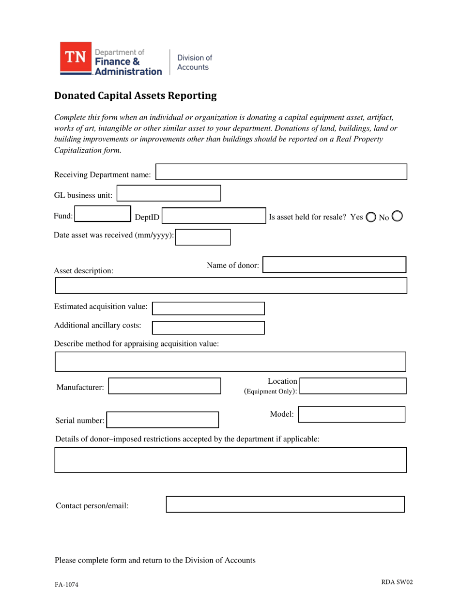 Form FA-1074 Donated Capital Assets Reporting - Tennessee, Page 1
