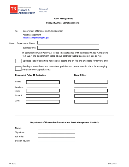 Form FA-1070 Policy 32 Annual Compliance Form - Tennessee