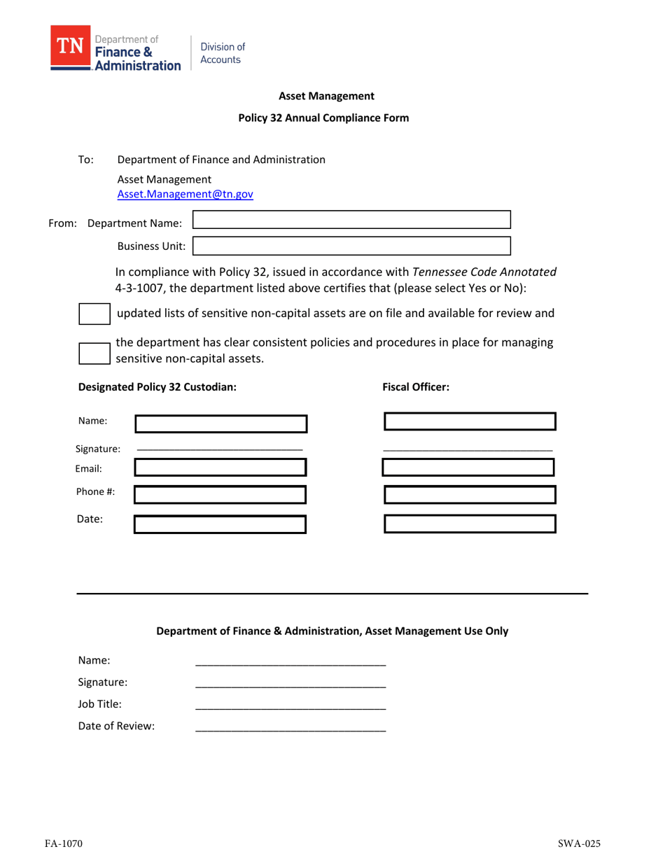 Form FA-1070 Policy 32 Annual Compliance Form - Tennessee, Page 1