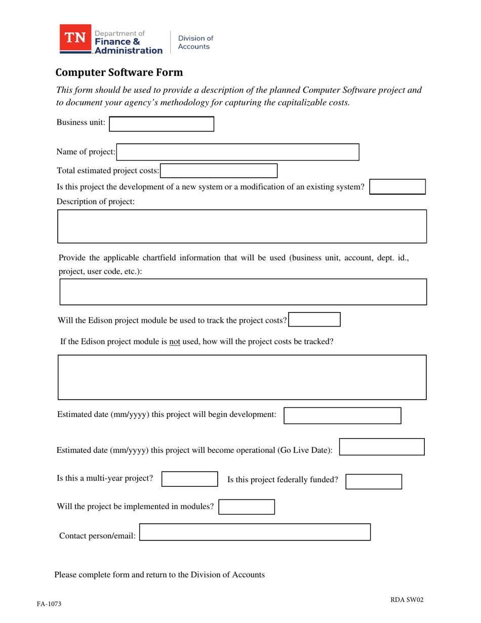 Form FA-1073 Computer Software Form - Tennessee, Page 1