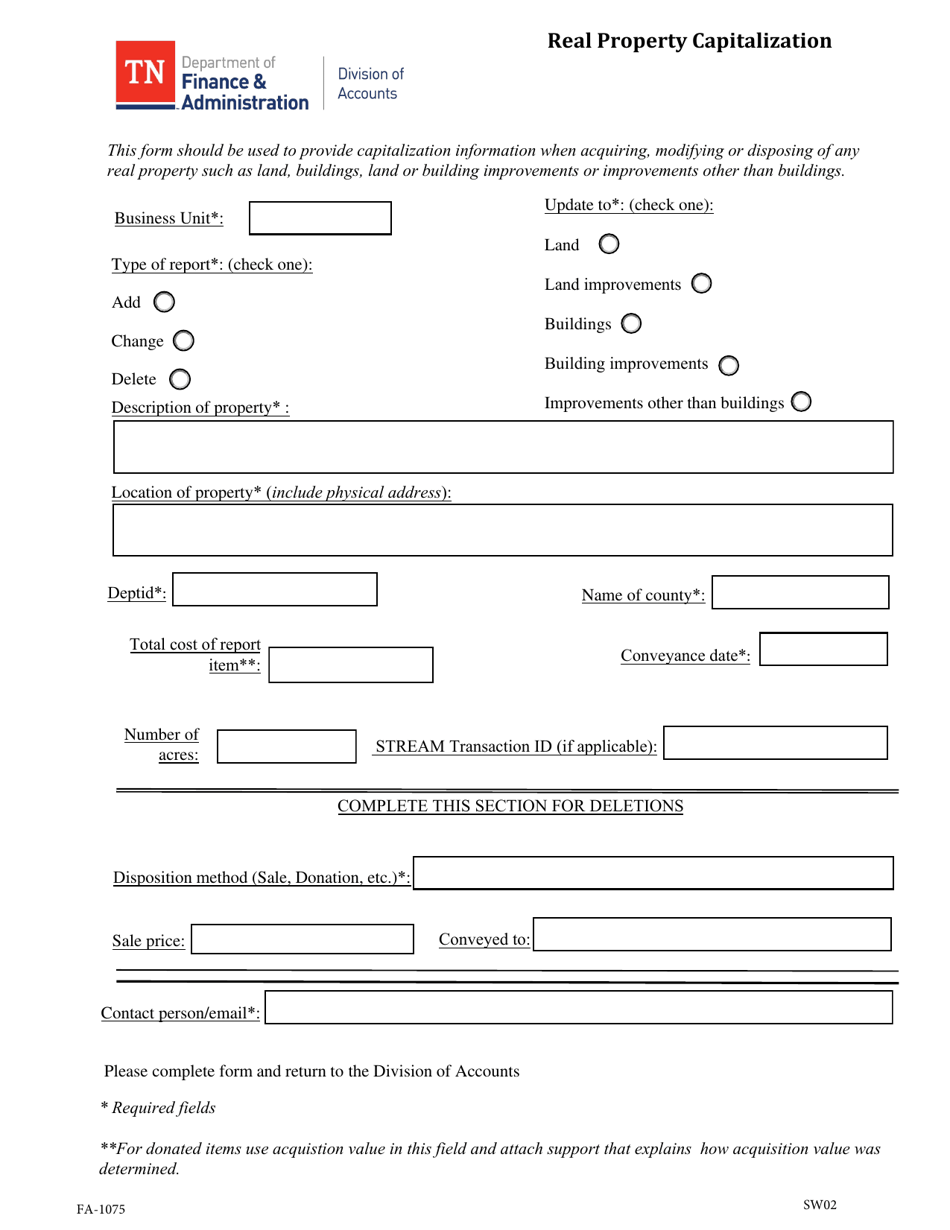 Form FA-1075 Real Property Capitalization - Tennessee, Page 1