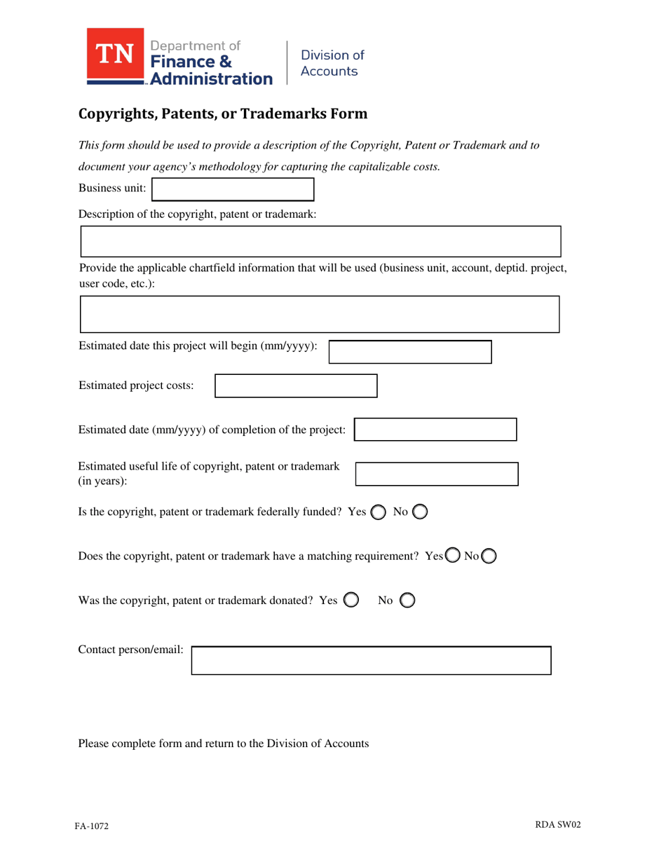 Form FA-1072 Copyrights, Patents, or Trademarks Form - Tennessee, Page 1