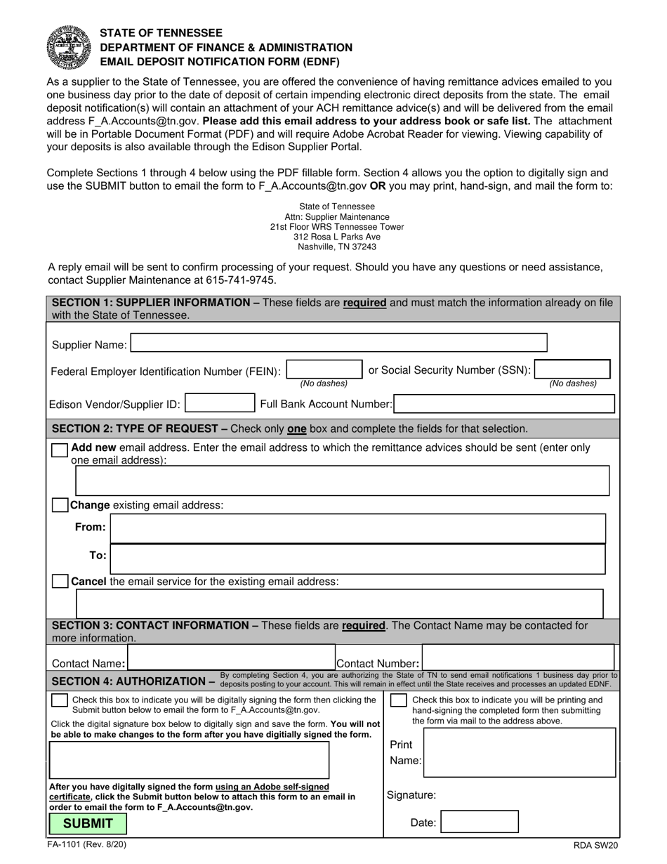 Form FA-1101 Email Deposit Notification Form (Ednf) - Tennessee, Page 1
