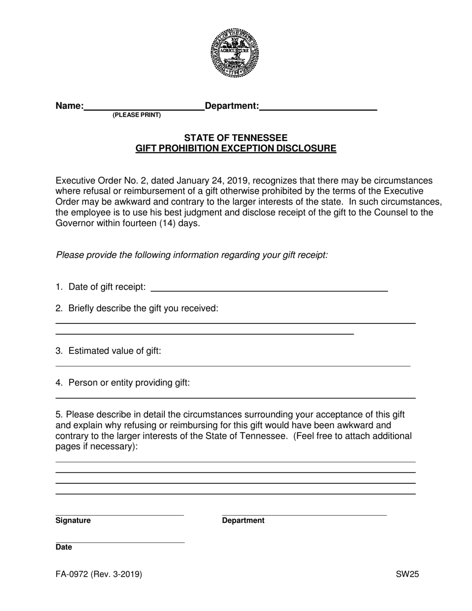 Form FA-0972 Gift Prohibition Exception Disclosure - Tennessee, Page 1