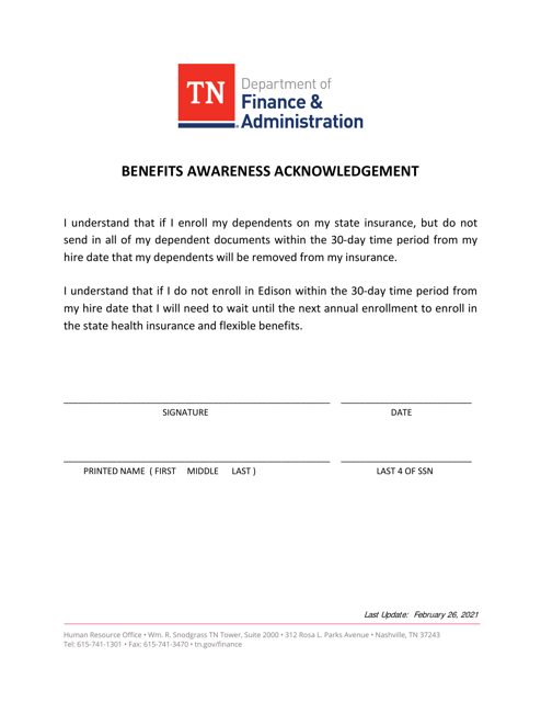 Benefits Awareness Acknowledgement - Tennessee Download Pdf