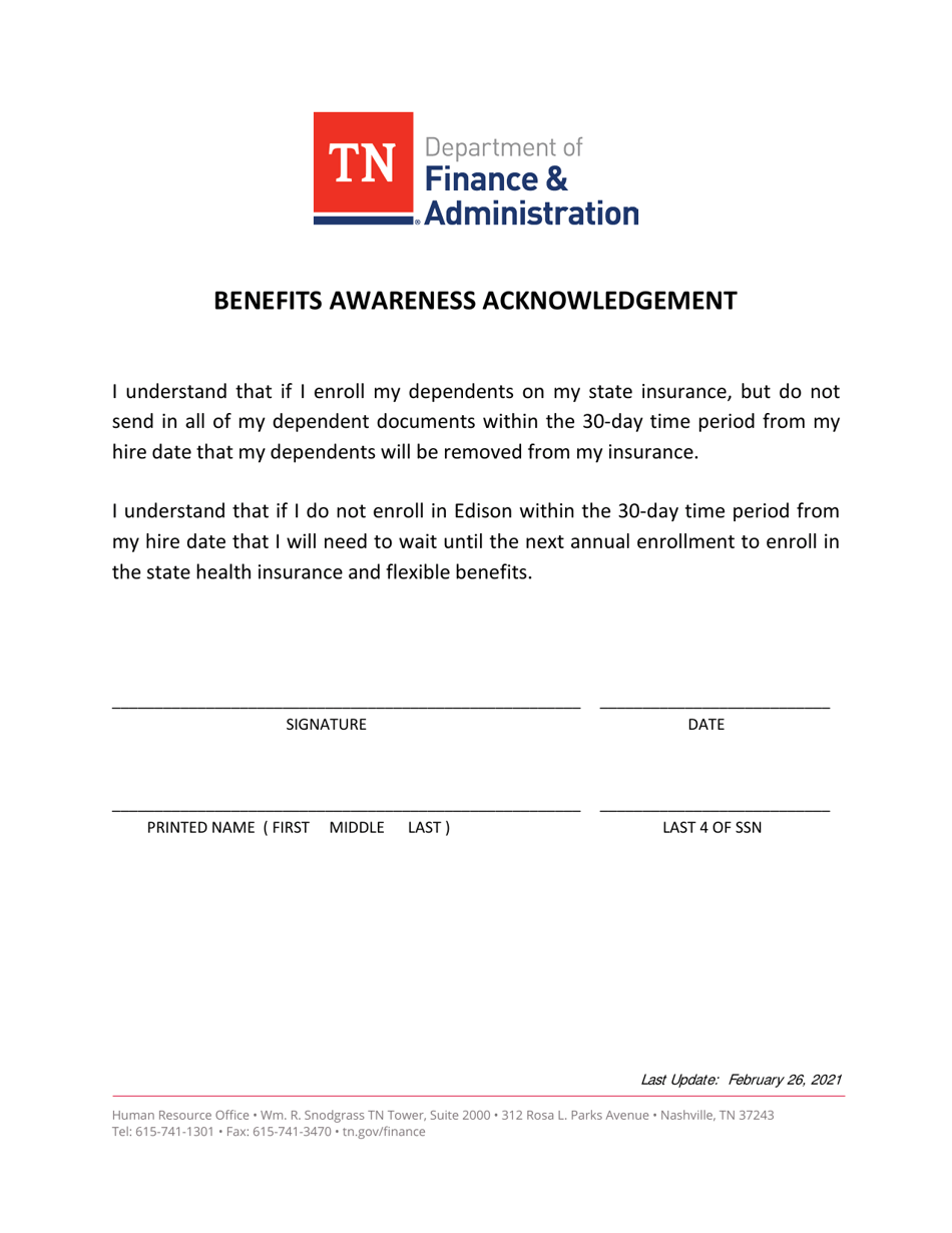 Benefits Awareness Acknowledgement - Tennessee, Page 1