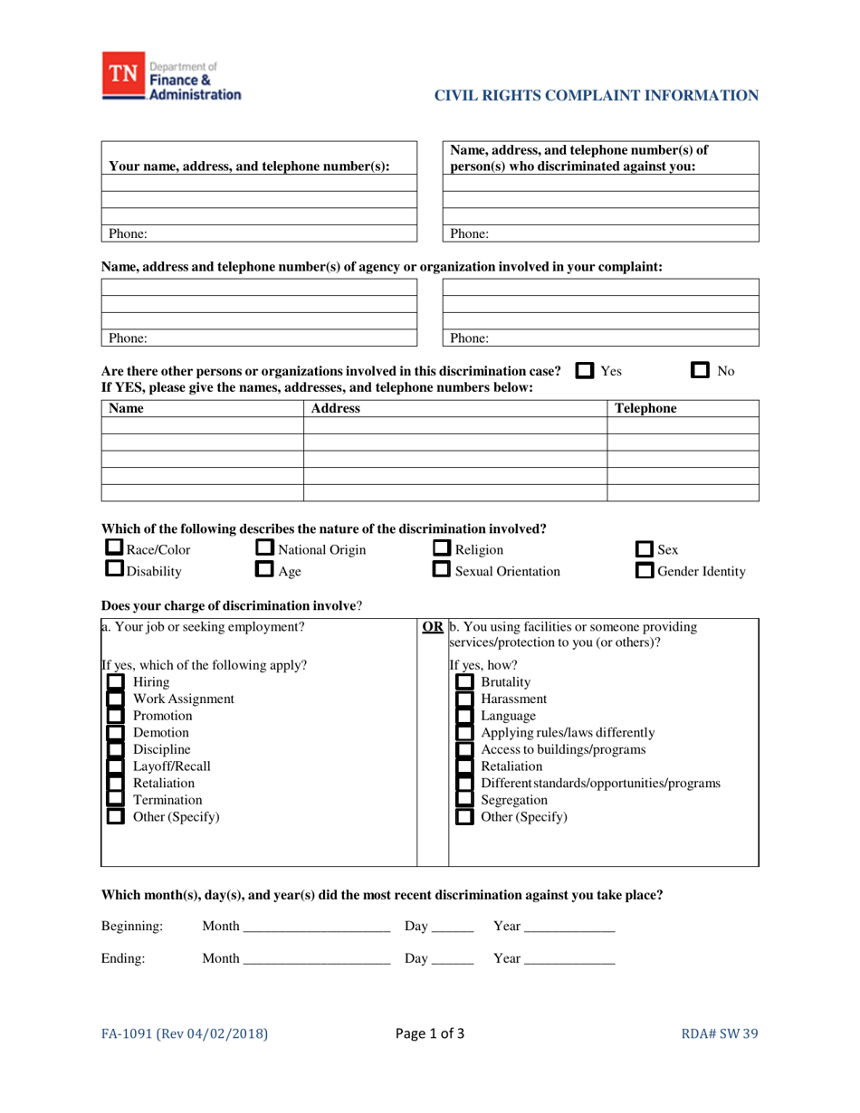Form FA1091 Download Fillable PDF or Fill Online Civil Rights