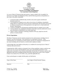 Form FA-0984 Acceptable Use Policy Network Access Rights and Obligations User Agreement Acknowledgement - Tennessee, Page 4
