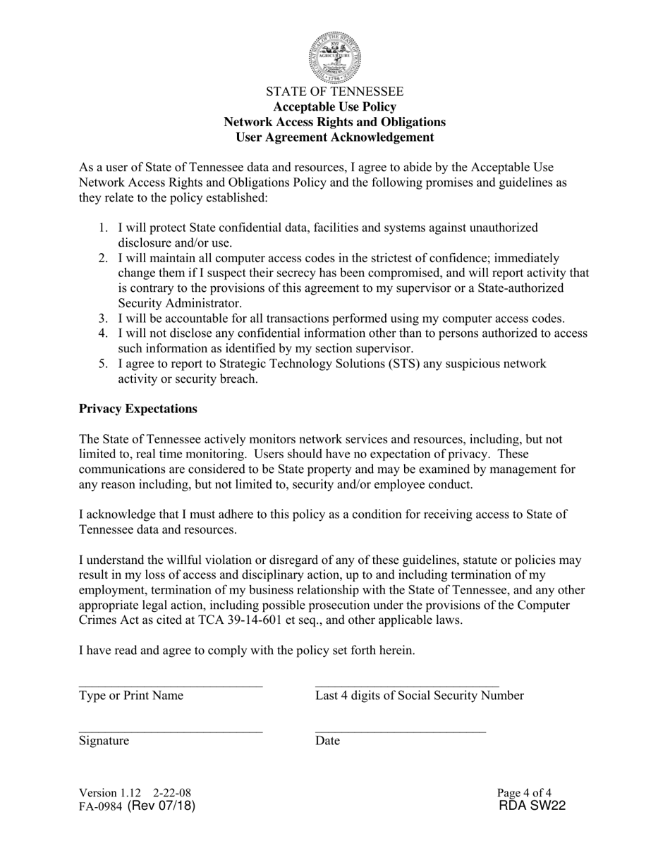 Form FA-0984 Acceptable Use Policy Network Access Rights and Obligations User Agreement Acknowledgement - Tennessee, Page 4