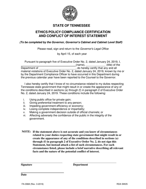 Form FA-0968 Ethics Policy Compliance Certification and Conflict of Interest Statement - Tennessee