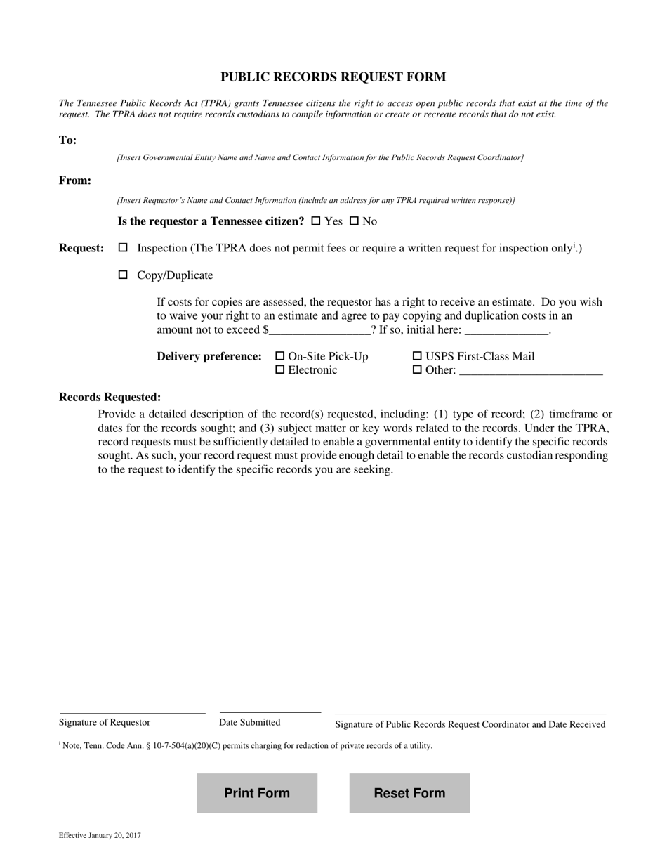 Public Records Request Form - Tennessee, Page 1