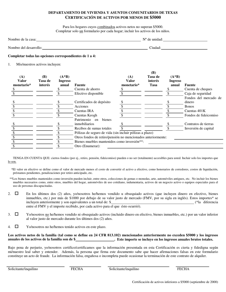 Certificacion De Activos Por Menos De $5000 - Texas (Spanish), Page 1