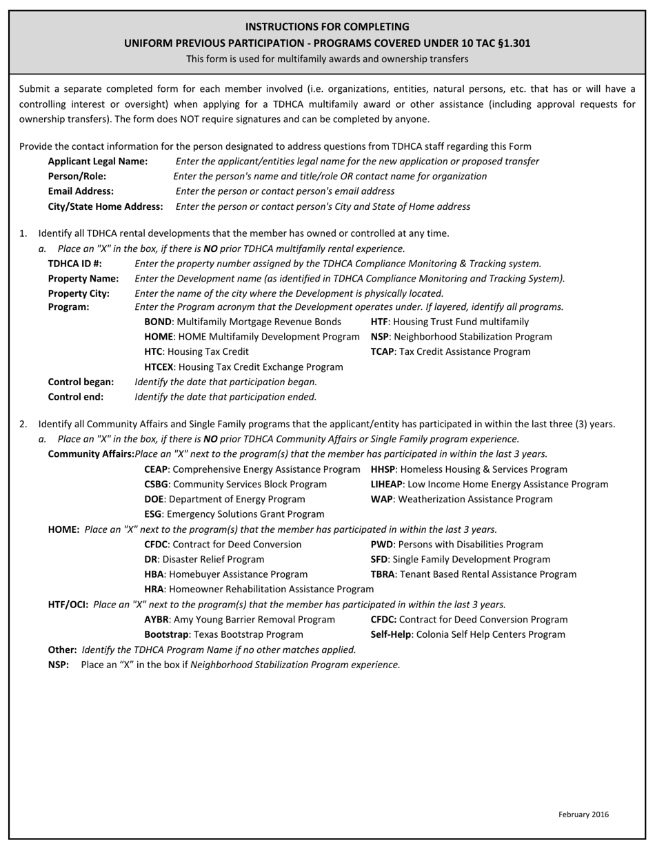 Instructions for Uniform Previous Participation Form for Multifamily and Ownership Transfers - Texas, Page 1
