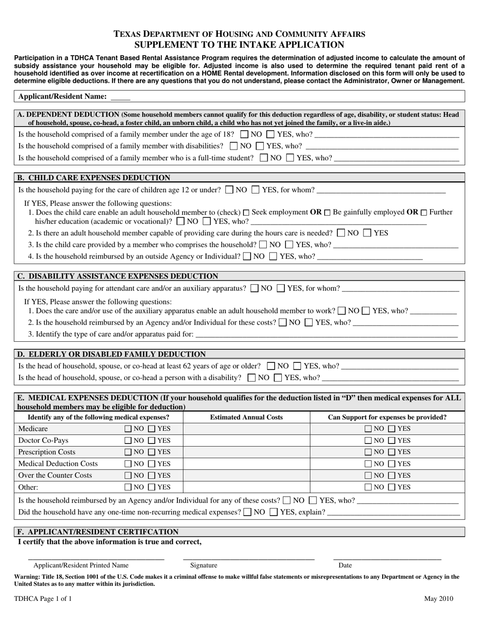 Supplement to the Intake Application - Texas, Page 1