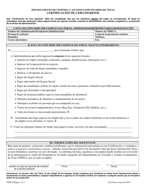 Certificacion De Cero Ingresos - Texas (Spanish)